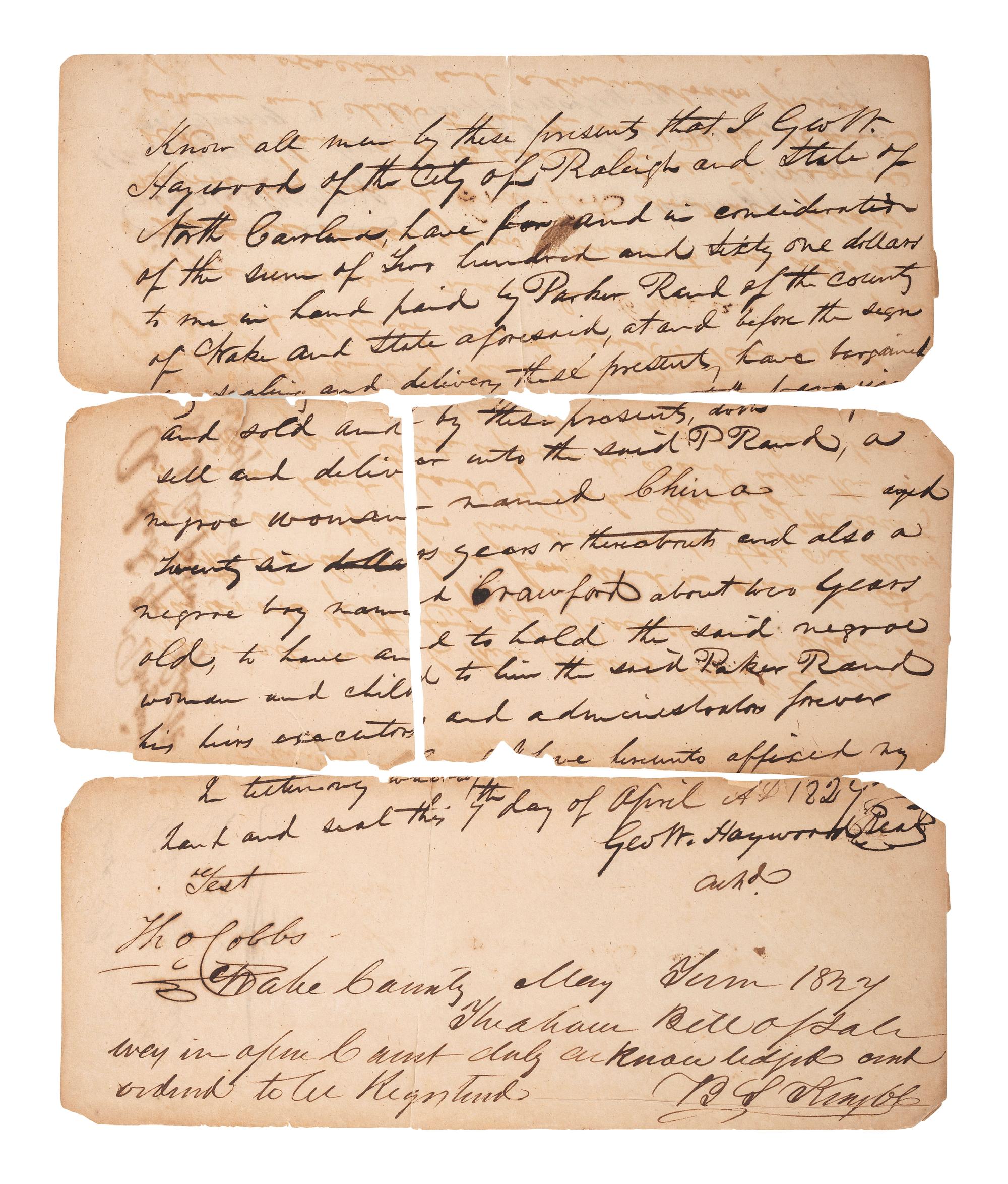 [SLAVERY & ABOLITION]. Manuscript bill of sale for enslaved woman "China" and enslaved child "Crawford." Wake County, NC, ca 1820s.