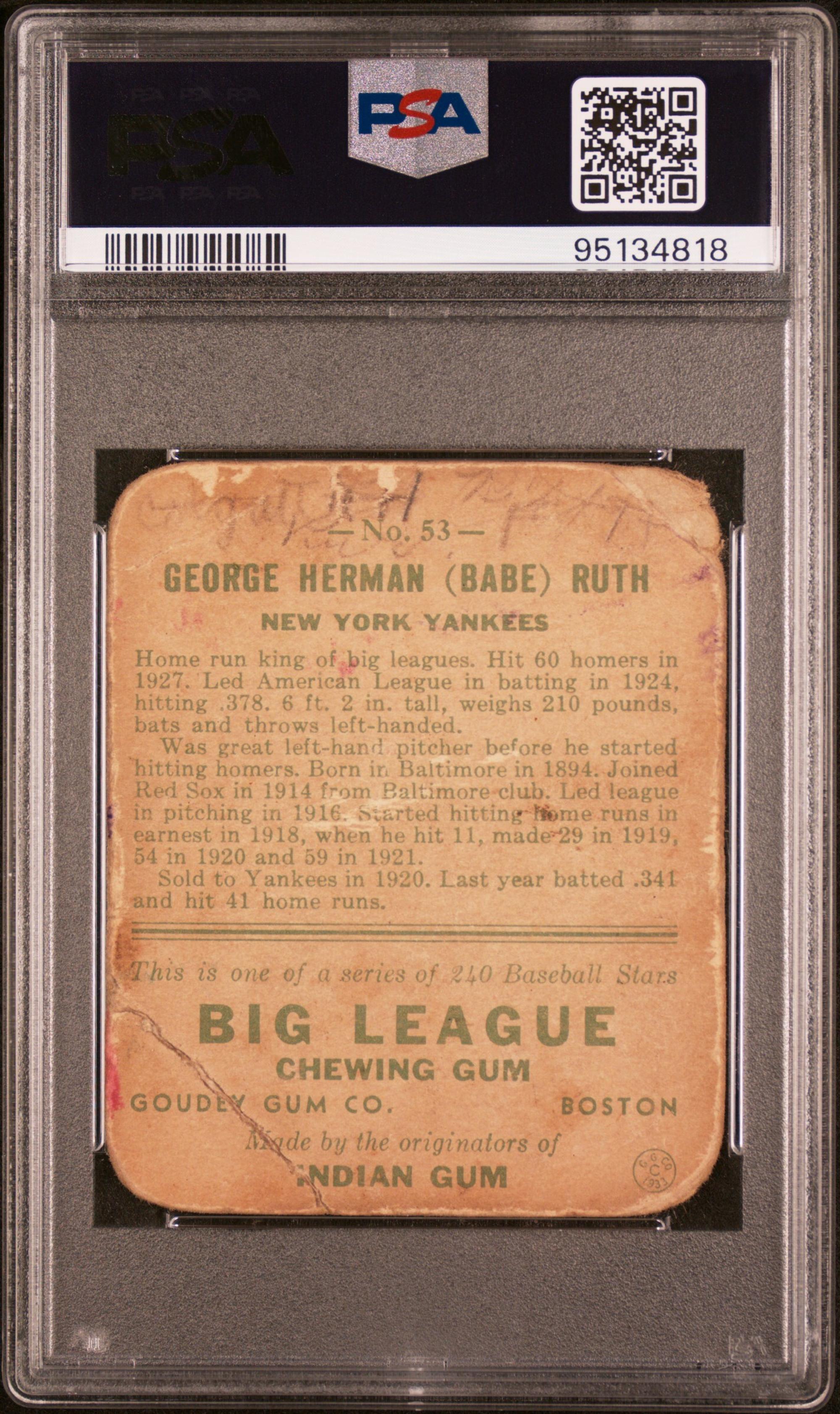 A 1933 Goudey Babe Ruth Baseball Card No. 53 (PSA Authentic)