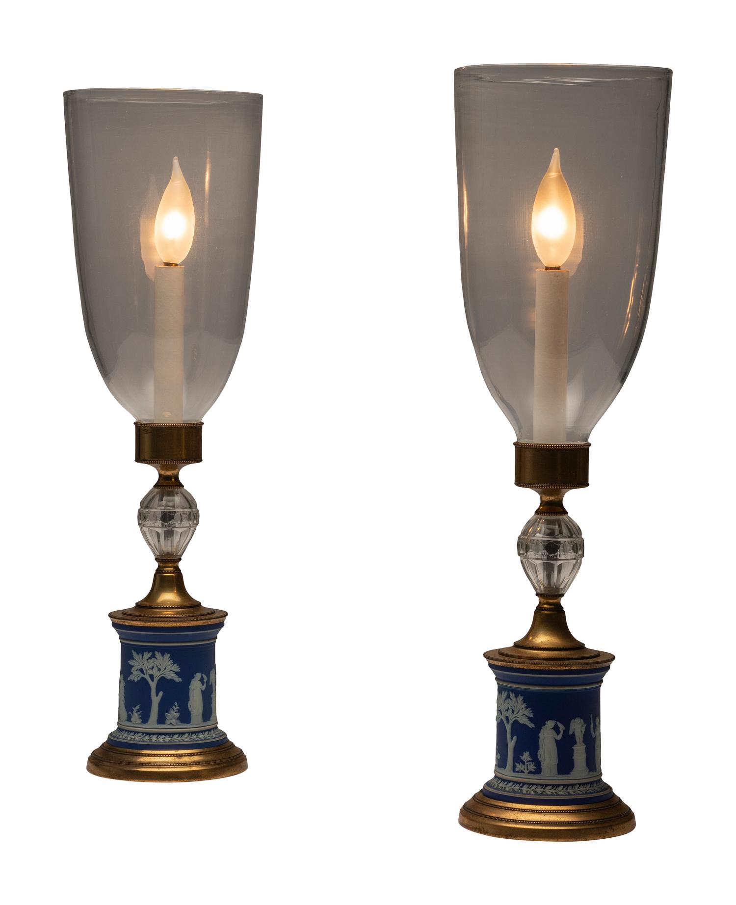 A Pair of Jasperware-Mounted Brass and Glass Hurricane Lamps