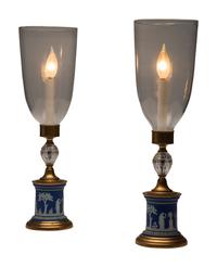 A Pair of Jasperware-Mounted Brass and Glass Hurricane Lamps