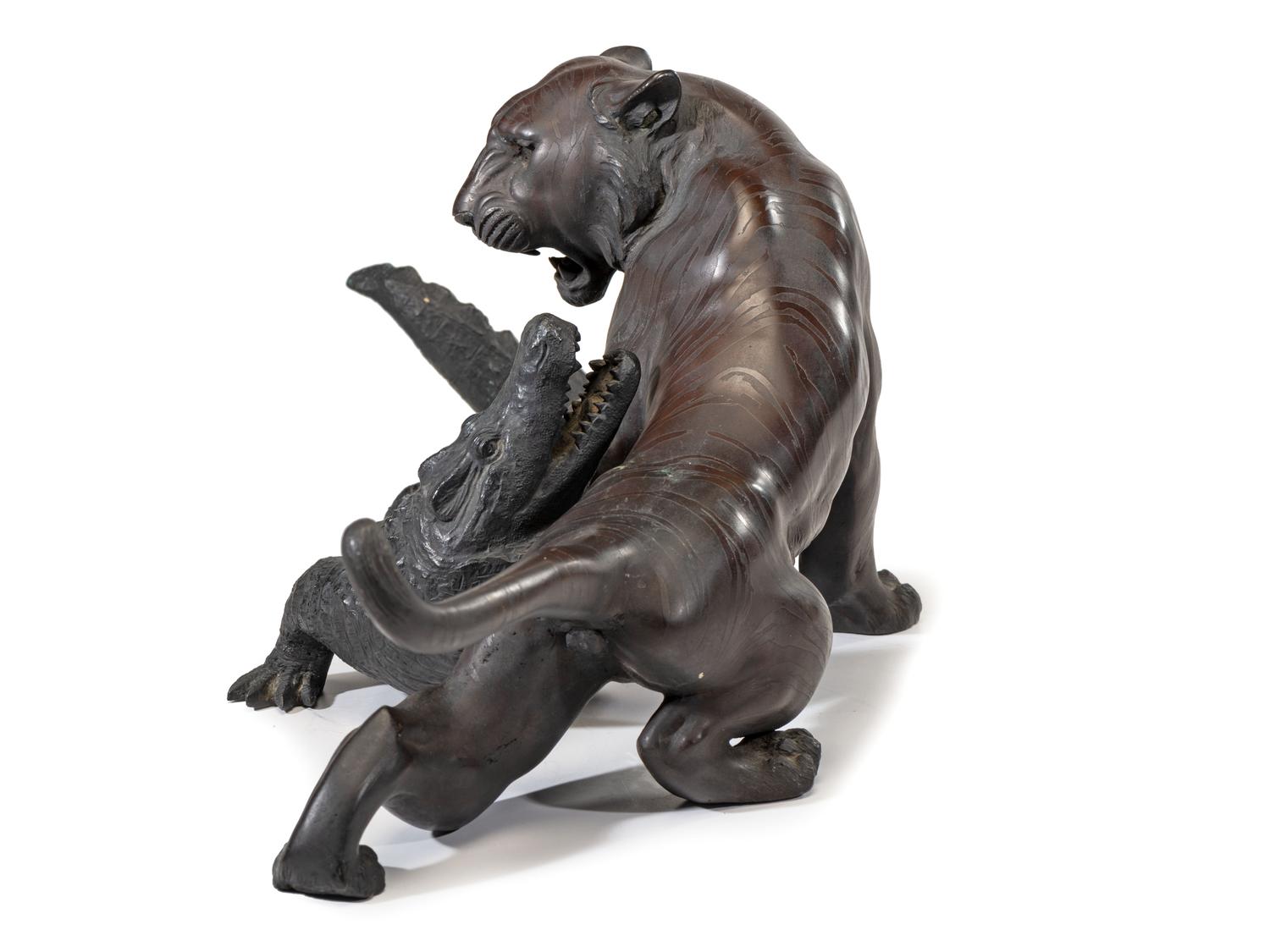 A Japanese Meiji Bronze Tiger and Alligator Sculptural Group
