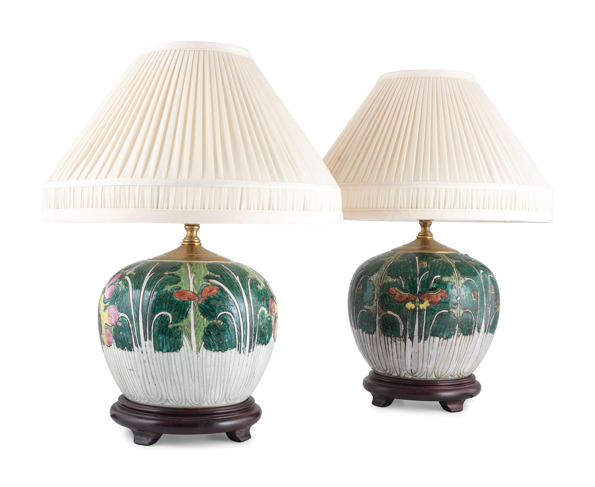 A Pair of Chinese Enameled Porcelain Jars, Mounted as Lamps