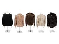 Five Silk Designer Blouses: One Louis Féraud, One Gucci, One Chloé, One Valentino Two-Piece Ensemble, and One Galanos, 1980s