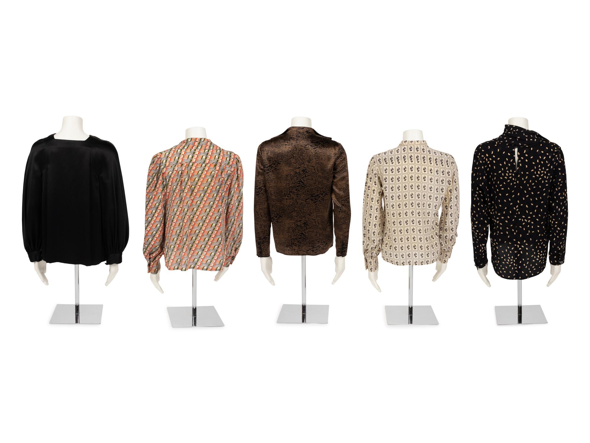 Five Silk Designer Blouses: One Louis Féraud, One Gucci, One Chloé, One Valentino Two-Piece Ensemble, and One Galanos, 1980s