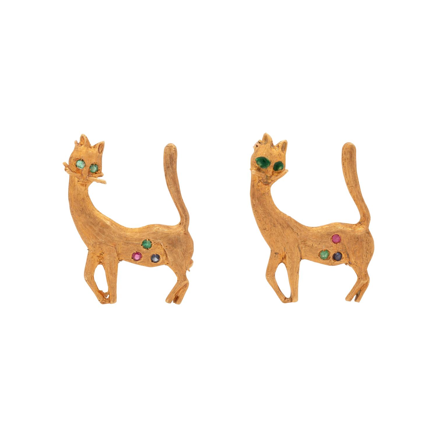 YELLOW GOLD AND MULTIGEM CAT BROOCHES