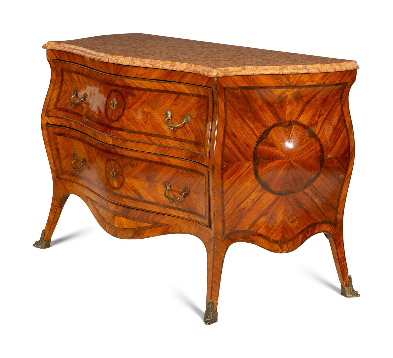 A Pair of Italian Bois de Rose Marble-Top Commodes