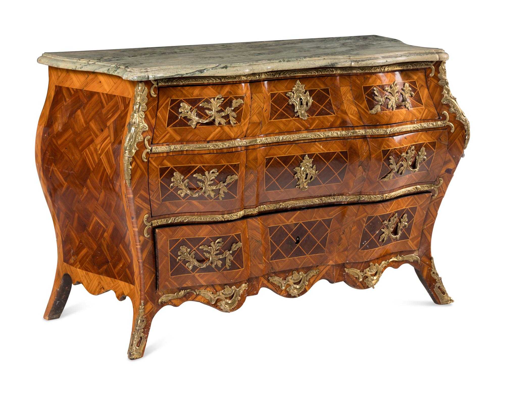 A Swedish Rococo Gilt Bronze Mounted Parquetry Marble-Top Commode