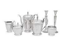 An American Silver Five-Piece Tea and Coffee Service and a Pair of Cartier Silver Candlesticks