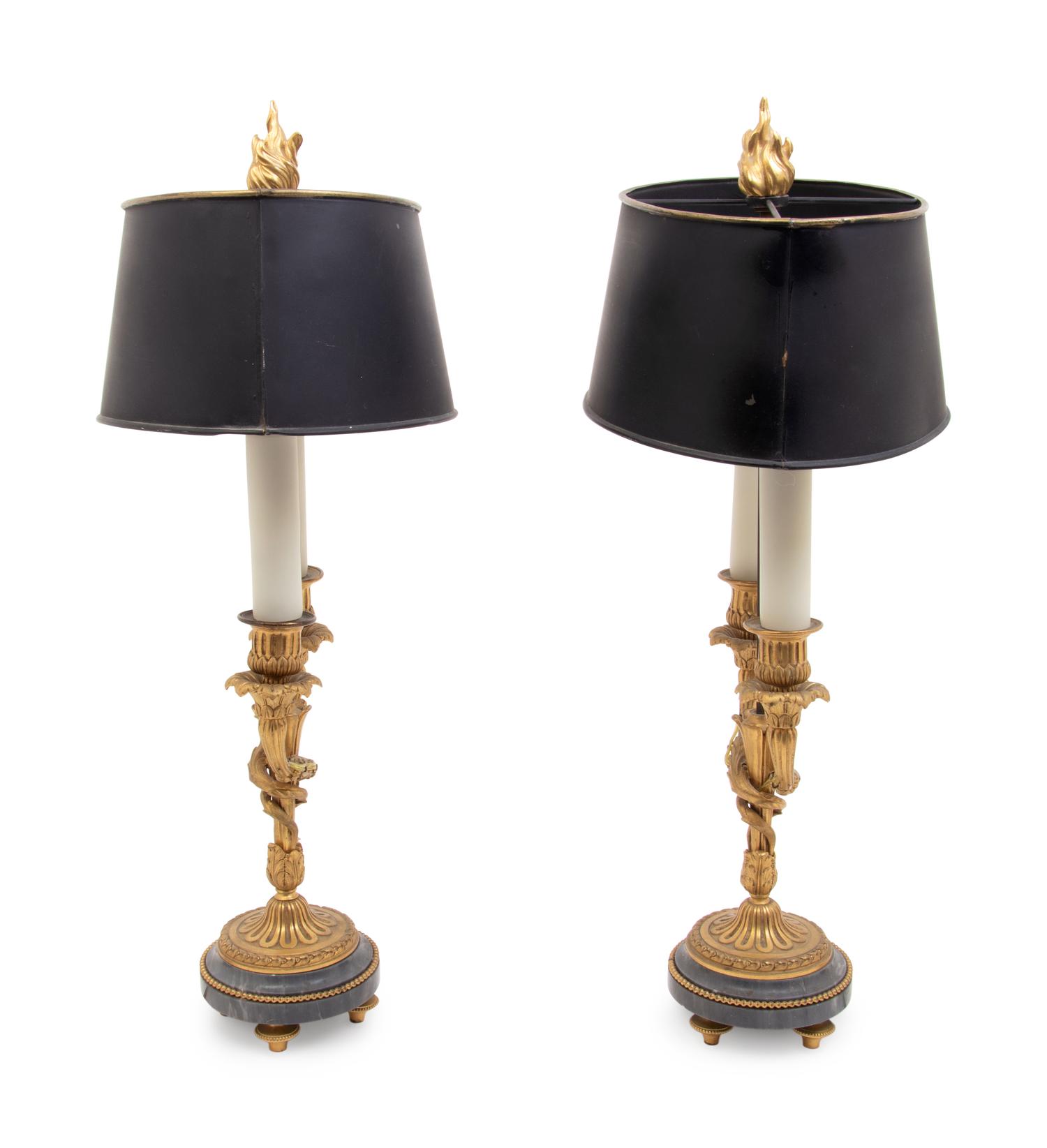 A Pair of Louis XVI Style Gilt Bronze and Marble Two-Light Lamps with Tôle Shades