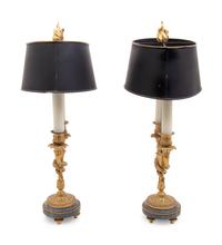 A Pair of Louis XVI Style Gilt Bronze and Marble Two-Light Lamps with Tôle Shades