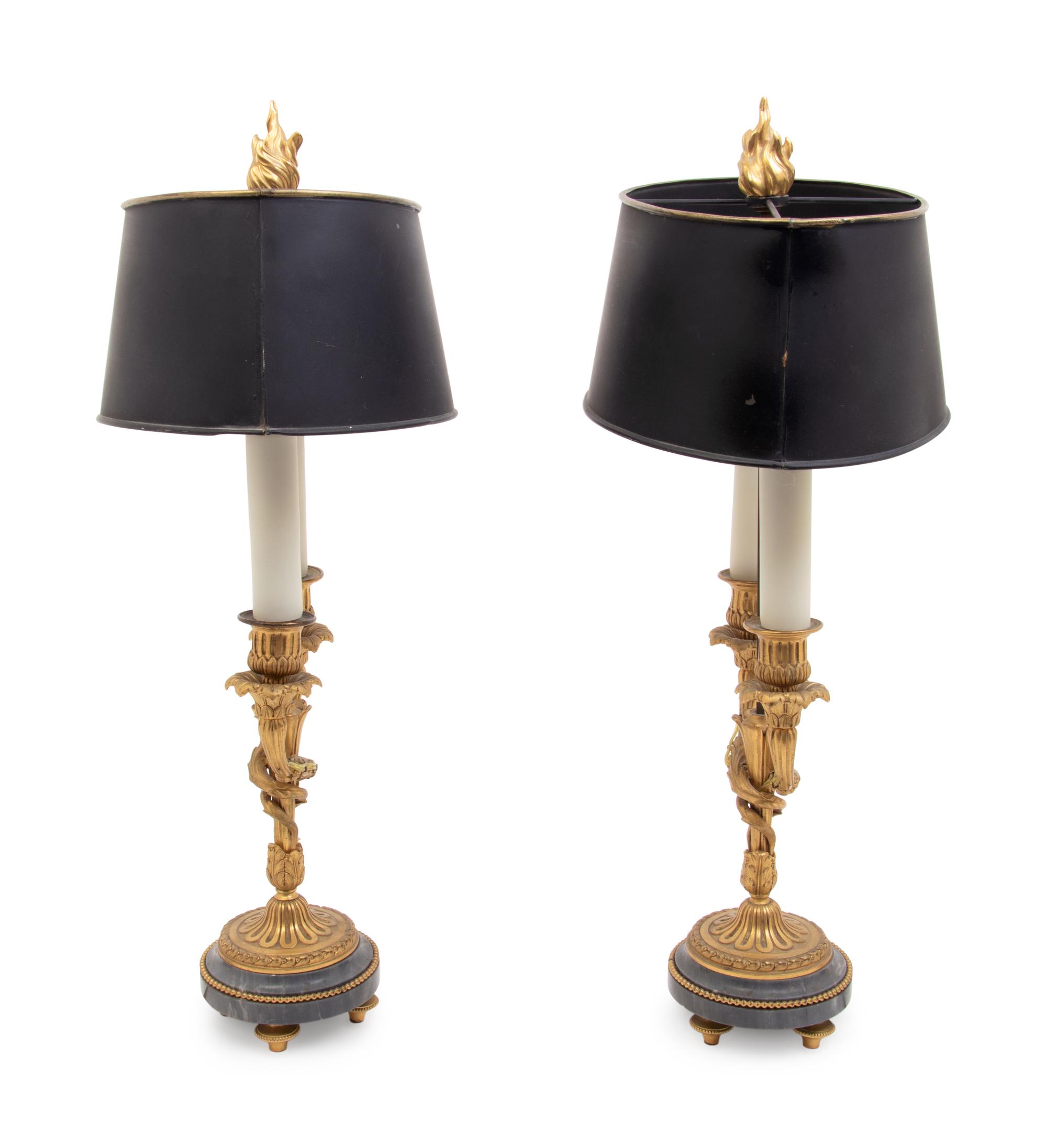 A Pair of Louis XVI Style Gilt Bronze and Marble Two-Light Lamps with Tôle Shades