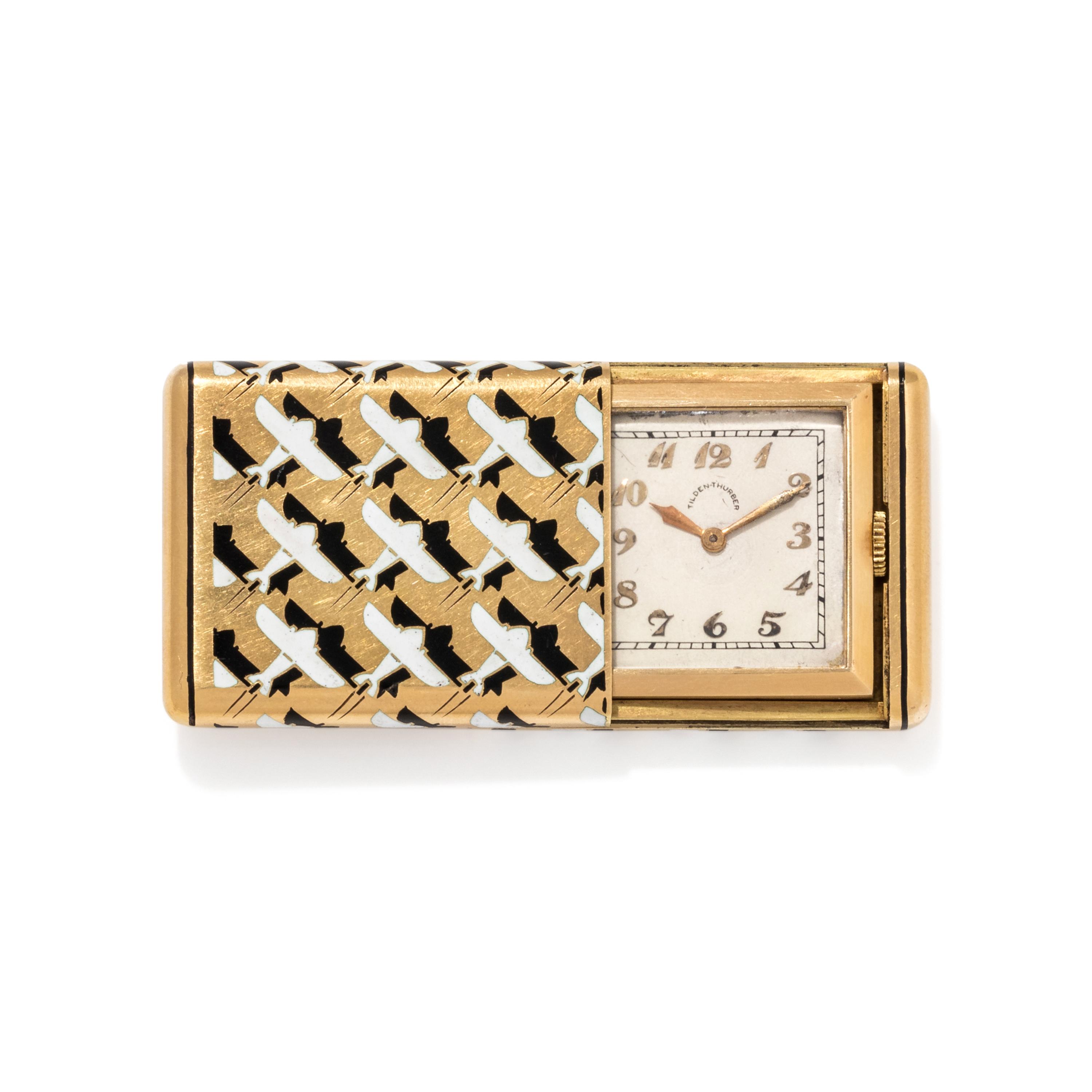 HENRY BLANK & CO., IWC, ART DECO, 18K YELLOW GOLD AND ENAMEL SLIDE TRAVEL WATCH