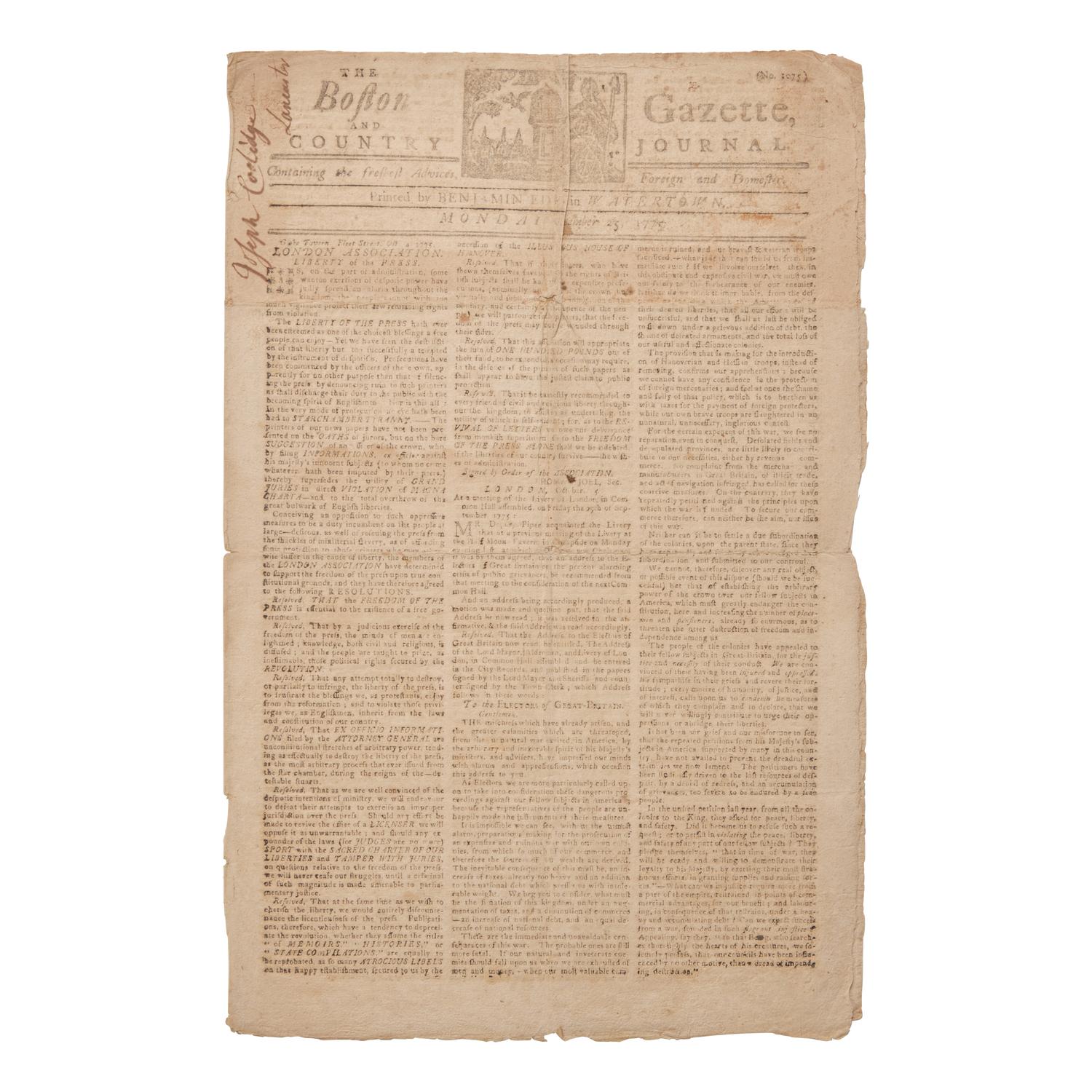 [African-Americana] Scarce Issue of The Boston Gazette from the Early Months of the American Revolution, Deriding British Royal Governor Lord Dunmore's Treatment of Freed Slaves within his Army