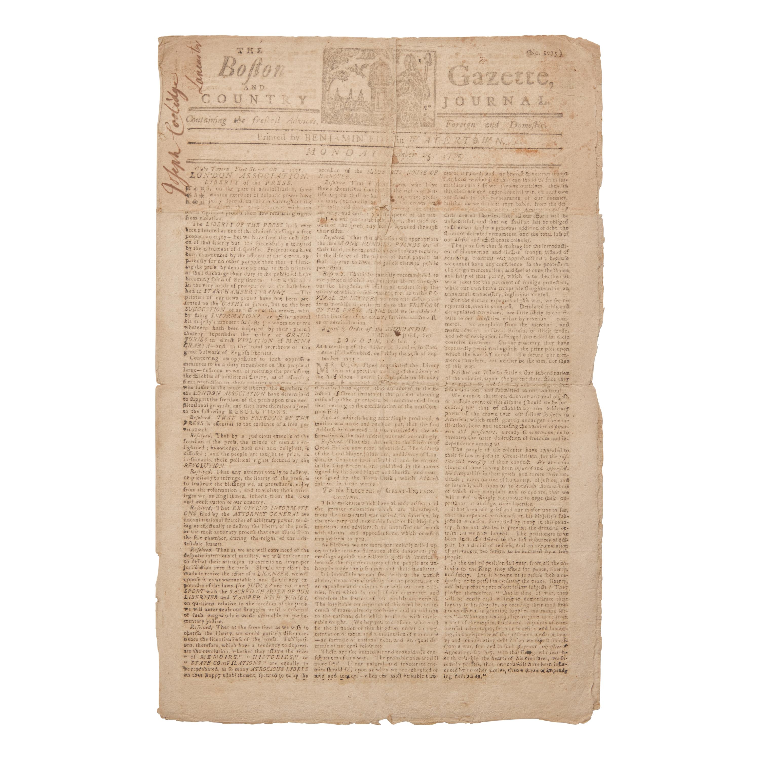 [African-Americana] Scarce Issue of The Boston Gazette from the Early Months of the American Revolution, Deriding British Royal Governor Lord Dunmore's Treatment of Freed Slaves within his Army