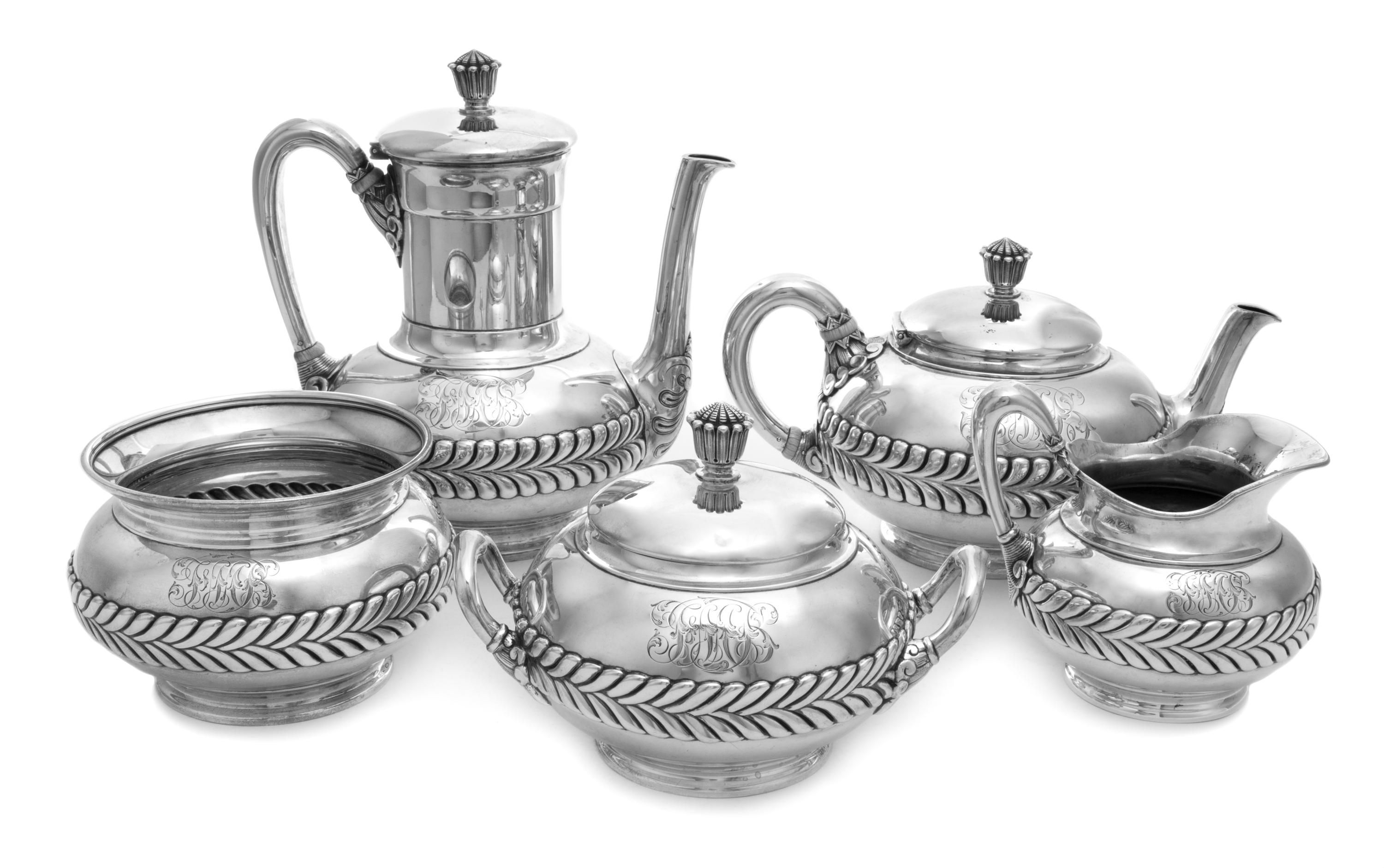An American Silver Five-Piece Tea and Coffee Service, Tiffany & Co., New York, NY, 1870, each with a continuous laurel band along the b