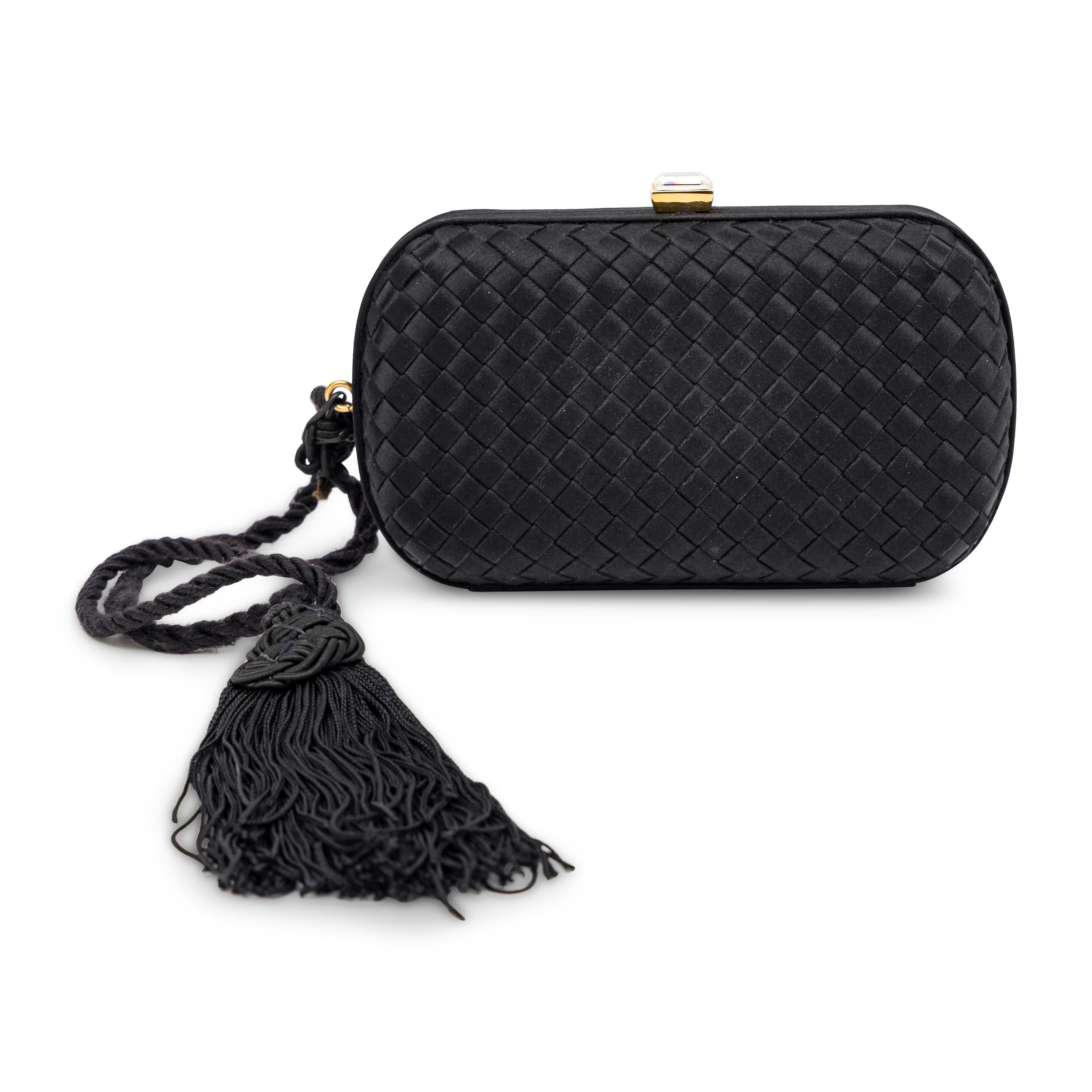 Bottega Veneta, Black Satin Intrecciato Clutch