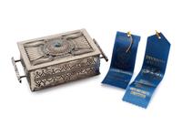 Award Winning Heavily Stamped Sterling Silver Lidded Box, with Repoussé Accents and Turquoise Cabochon