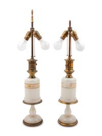 A Pair of White Opaline Glass Oil Lamps