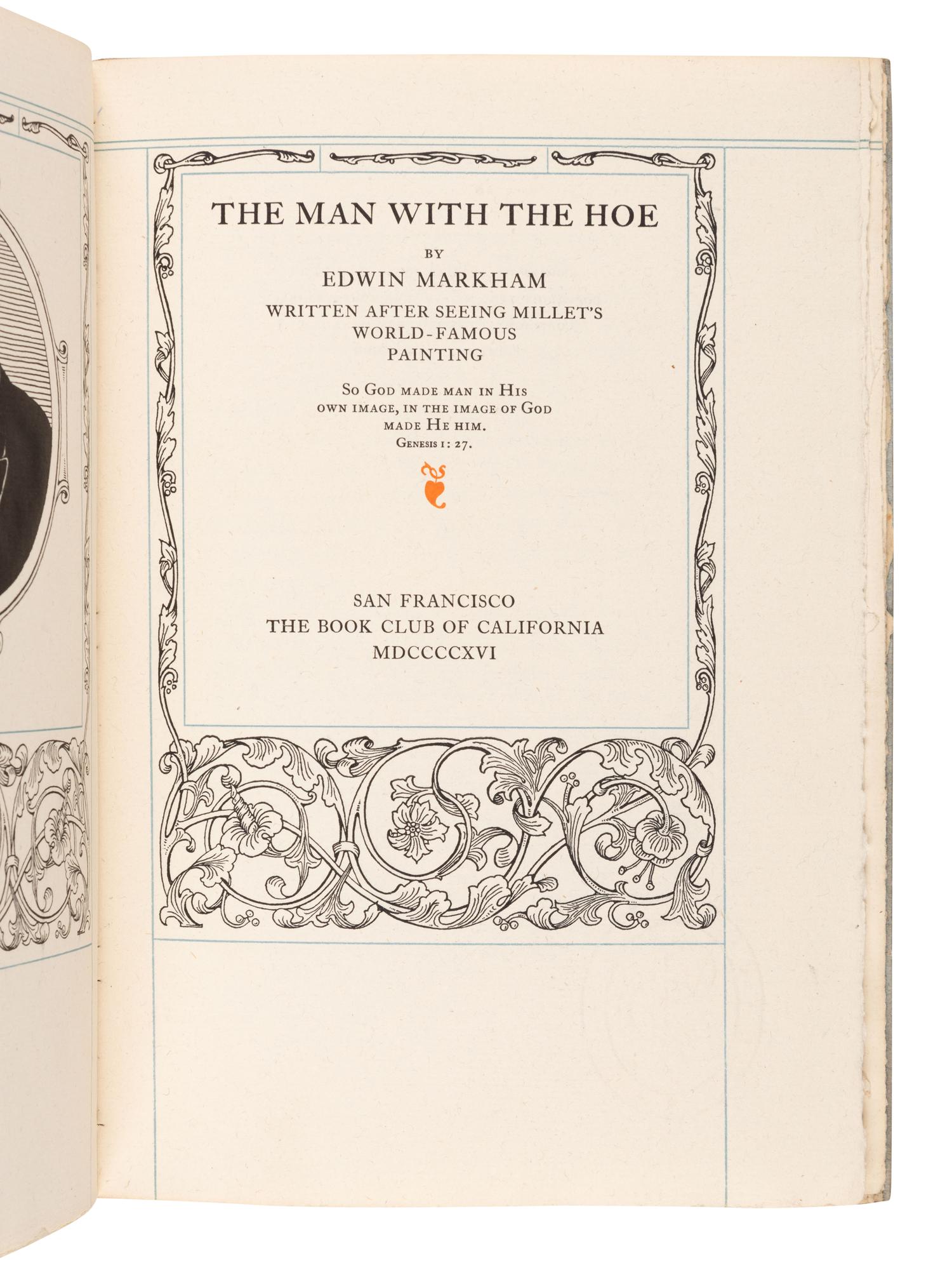 [JOHN HENRY NASH – THE BOOK CLUB OF CALIFORNIA.] MARKHAM, Edwin (1852-1940). The Man with the Hoe . San Francisco: John Henry Nash for the Book Club of California, 1916.
