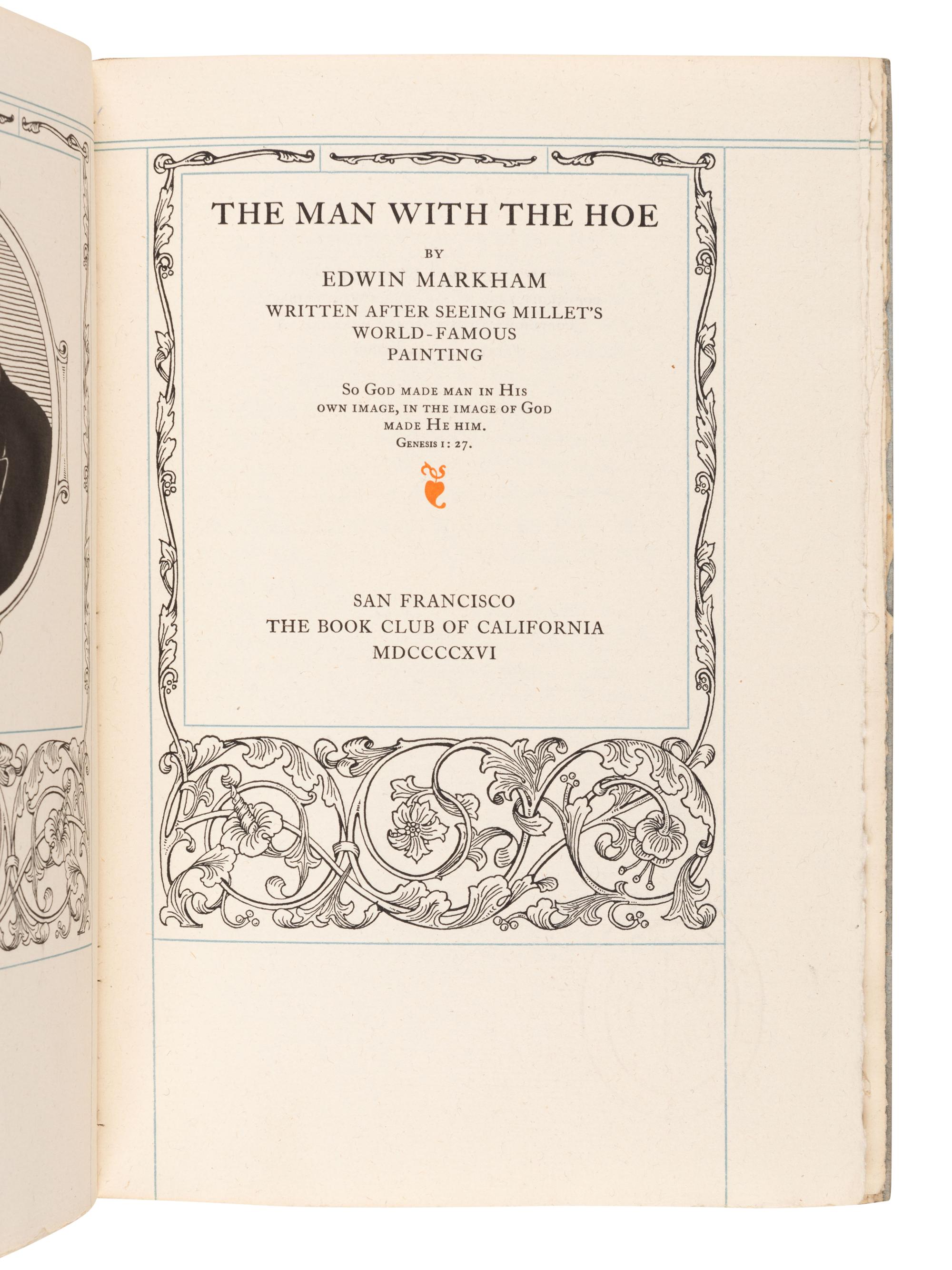 [JOHN HENRY NASH – THE BOOK CLUB OF CALIFORNIA.] MARKHAM, Edwin (1852-1940). The Man with the Hoe . San Francisco: John Henry Nash for the Book Club of California, 1916.