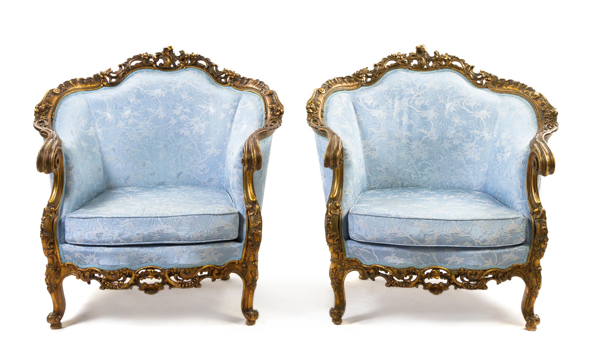 A Pair of Louis XV Style Giltwood Bergeres, Height 36 1/2 inches.