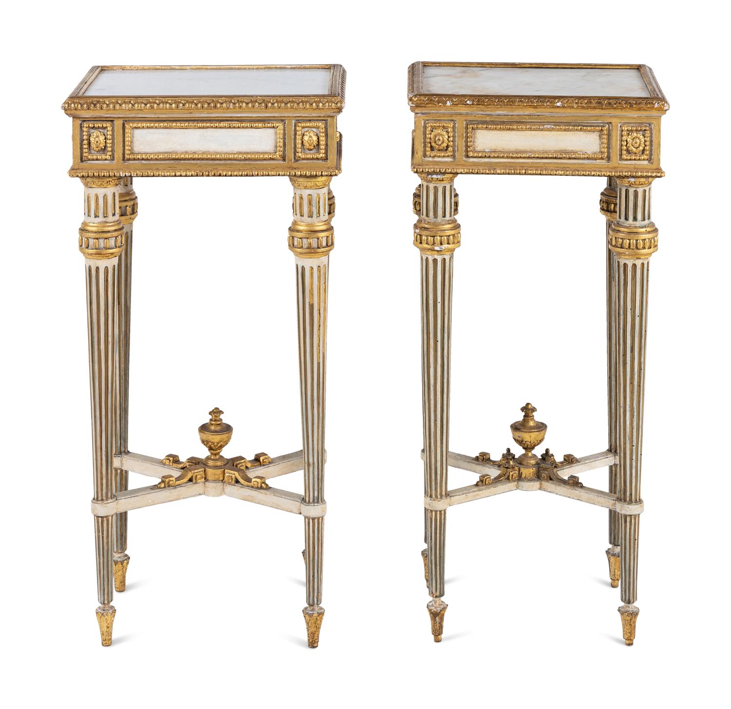 A Pair of North Italian Painted and Parcel-Gilt Marble-Top Side Tables