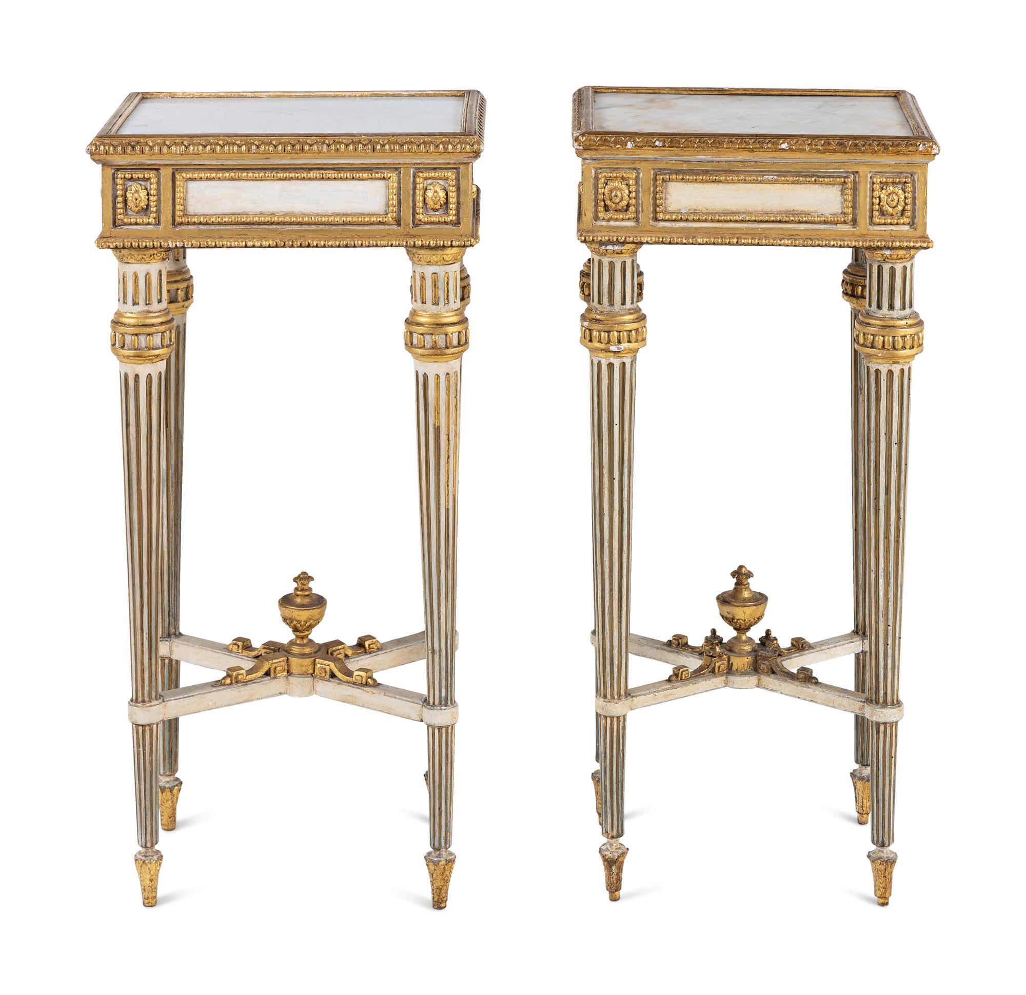 A Pair of North Italian Painted and Parcel-Gilt Marble-Top Side Tables