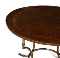 A Brass Bound Parquetry Inlaid Occasional Table with Cast Brass Bamboo Styled Base