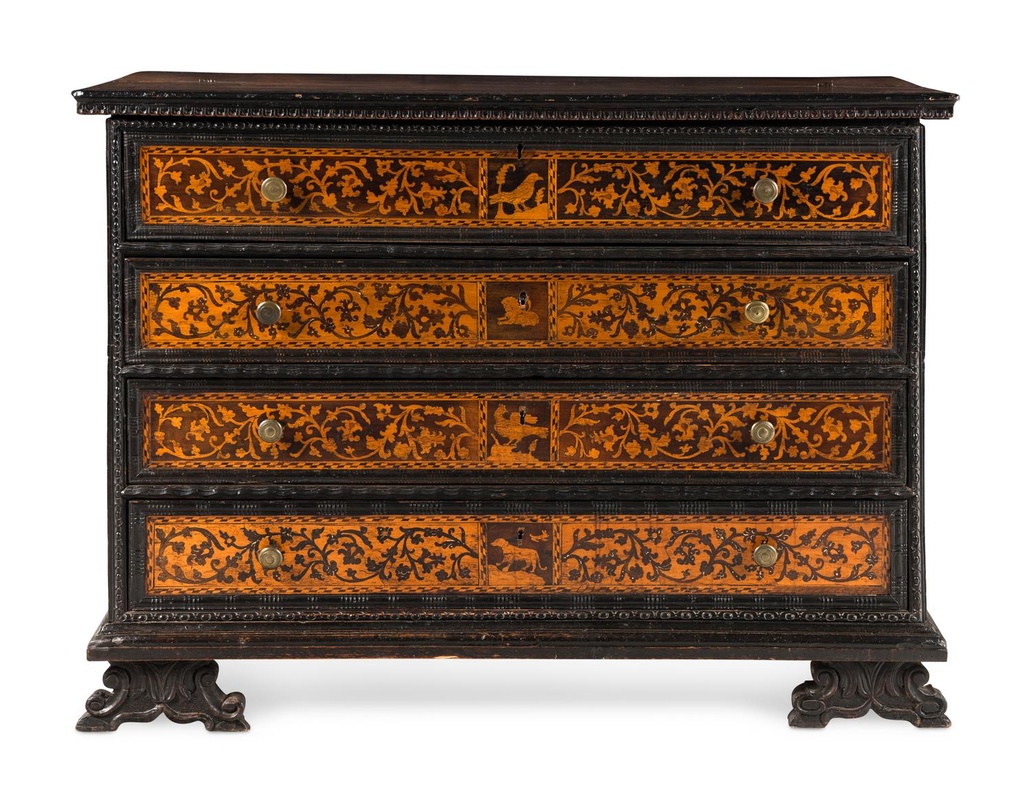 An Italian Baroque Marquetry and Part-Ebonized Bureau Chest