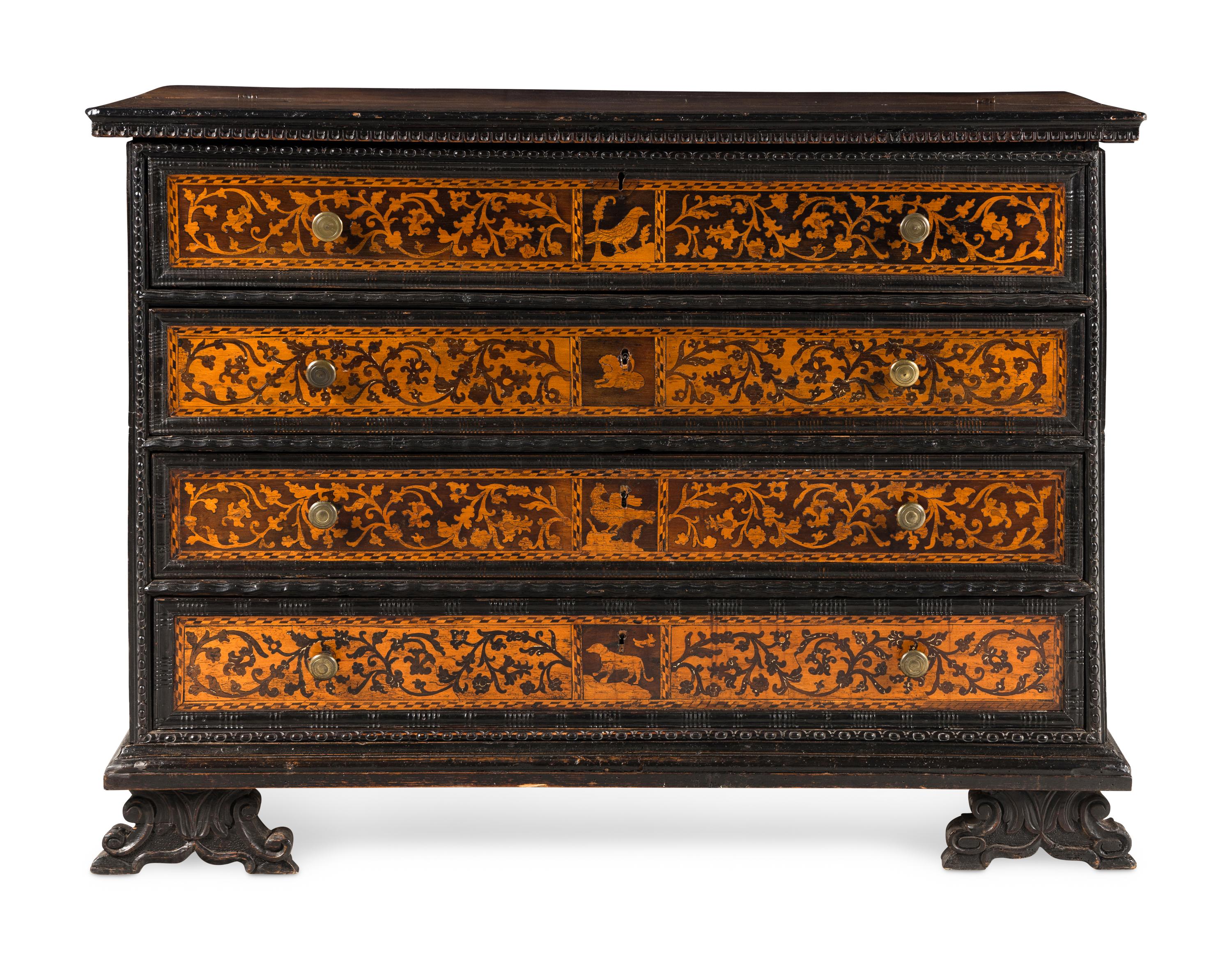 An Italian Baroque Marquetry and Part-Ebonized Bureau Chest