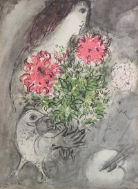 After Marc Chagall, (French/Russian, 1887-1958), Woman with Bouquet and Rabbi with Torah (two works)