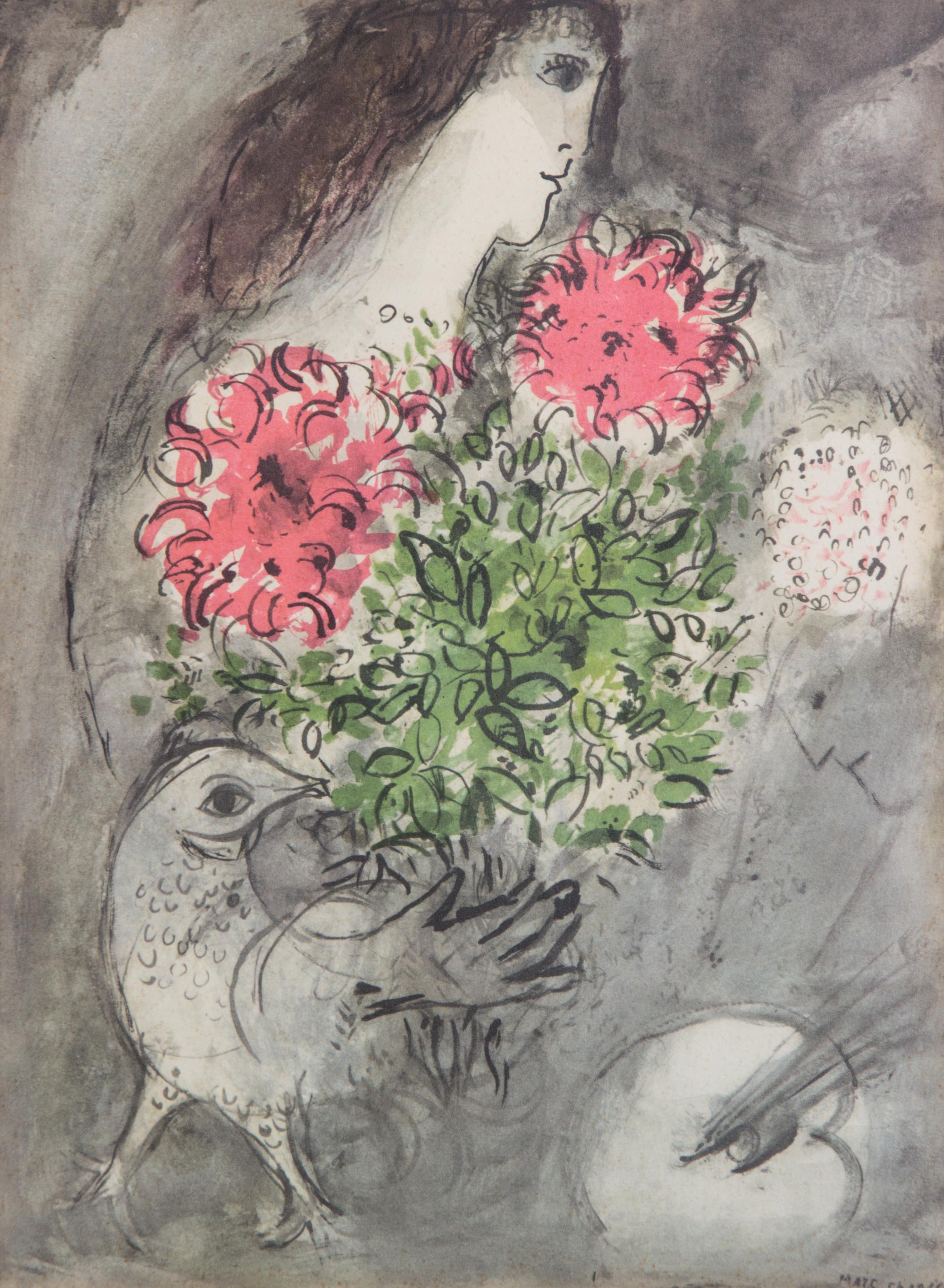 After Marc Chagall, (French/Russian, 1887-1958), Woman with Bouquet and Rabbi with Torah (two works)