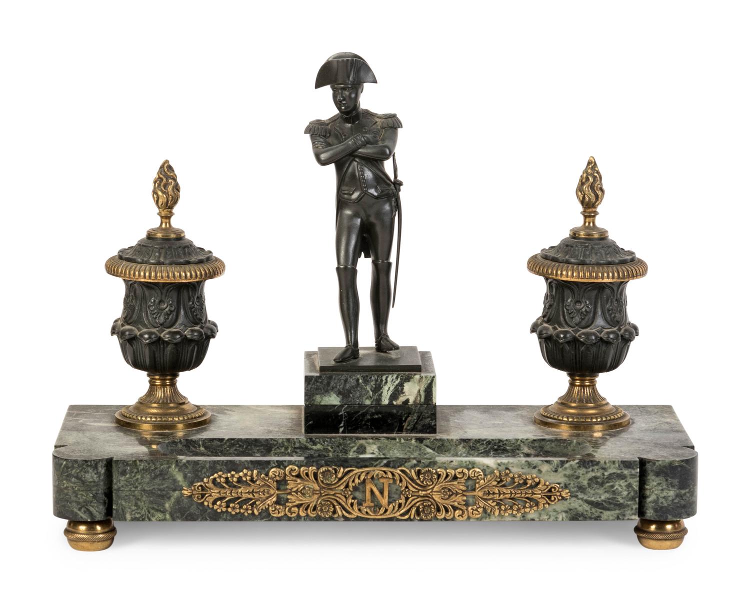 An Empire Style Gilt Bronze and Marble Figural Encrier