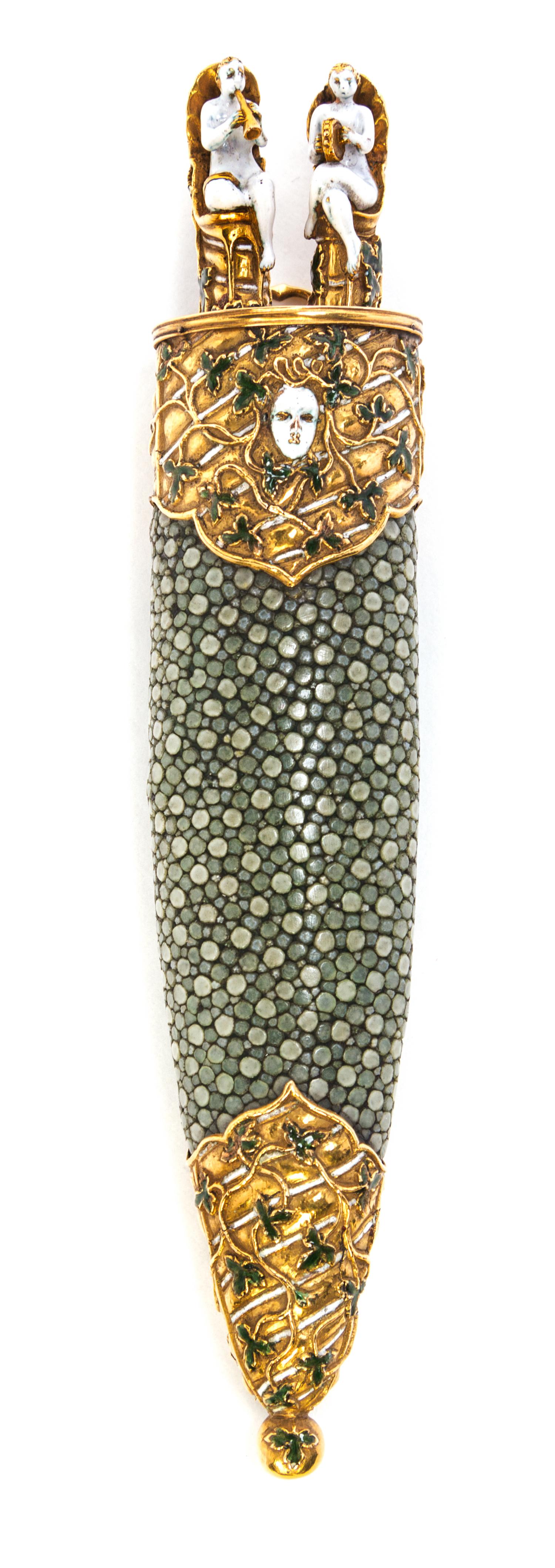 A Continental Enameled Gold and Shagreen Miniature Traveling Knife and Fork in a Matching Case Length of case 6 1/4 inches. — 19TH CENTURY WITH EARLIER IMPLEMENTS