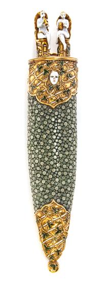 A Continental Enameled Gold and Shagreen Miniature Traveling Knife and Fork in a Matching Case Length of case 6 1/4 inches. — 19TH CENTURY WITH EARLIER IMPLEMENTS