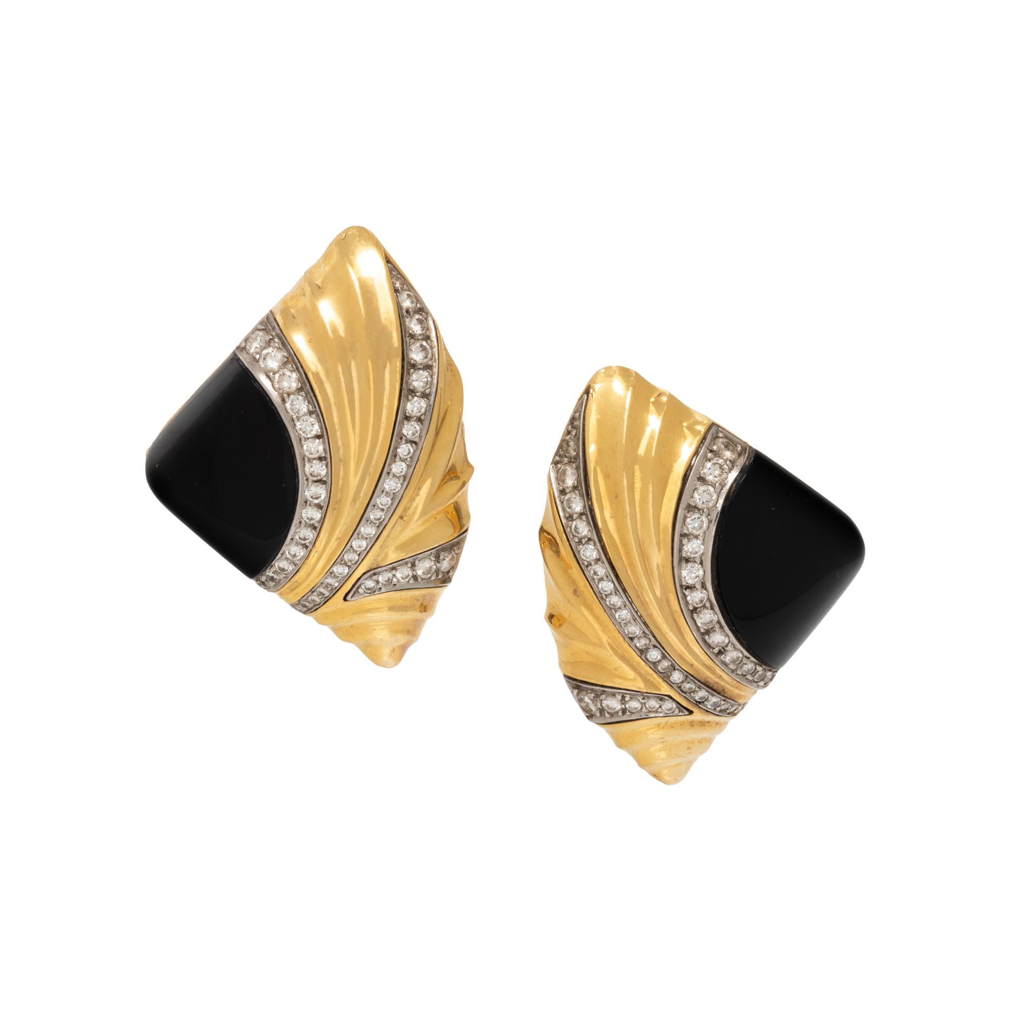 MICHAEL BONDANZA, ONYX AND DIAMOND CLIP EARRINGS