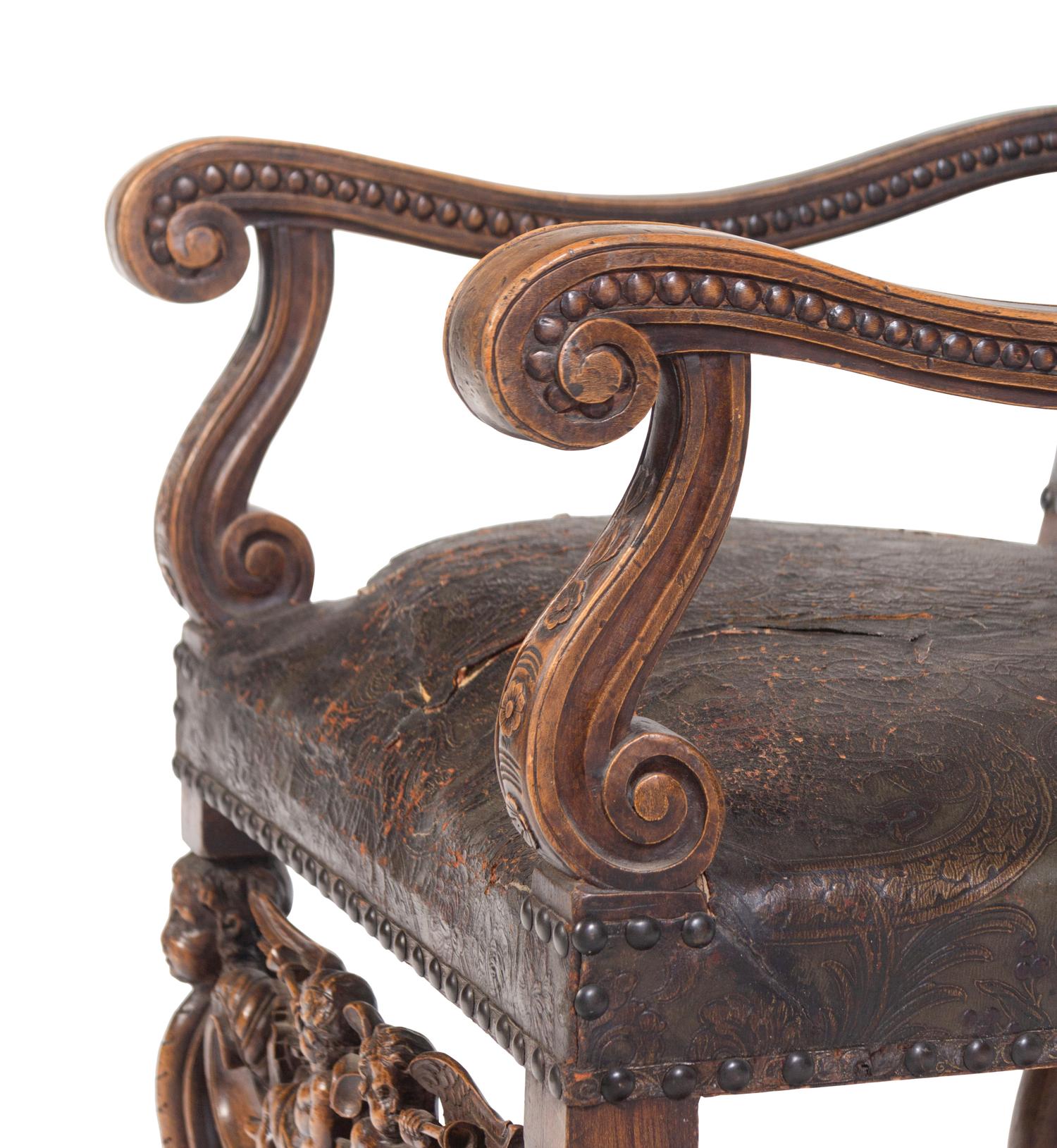 An Italian Baroque Tooled Leather-Upholstered Armchair