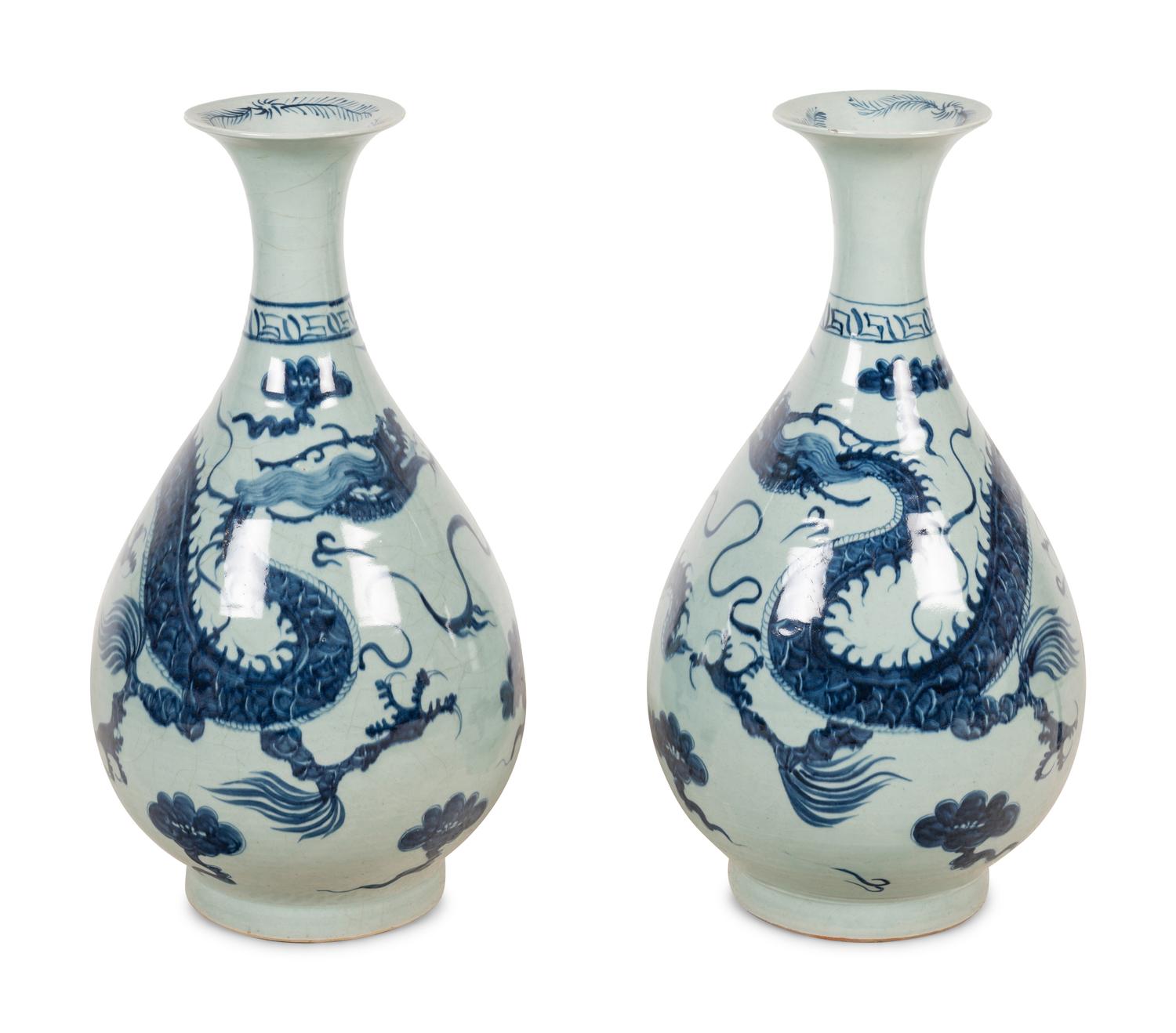 A Pair of Chinese Blue and White Porcelain Dragon Vases