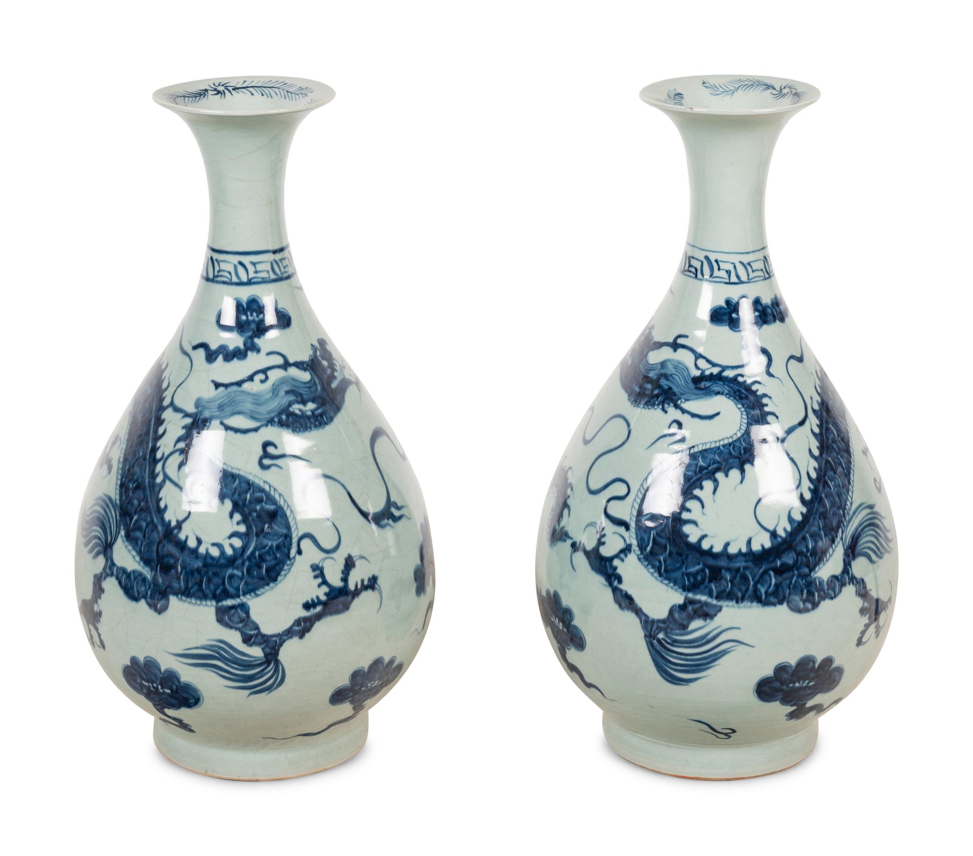 A Pair of Chinese Blue and White Porcelain Dragon Vases