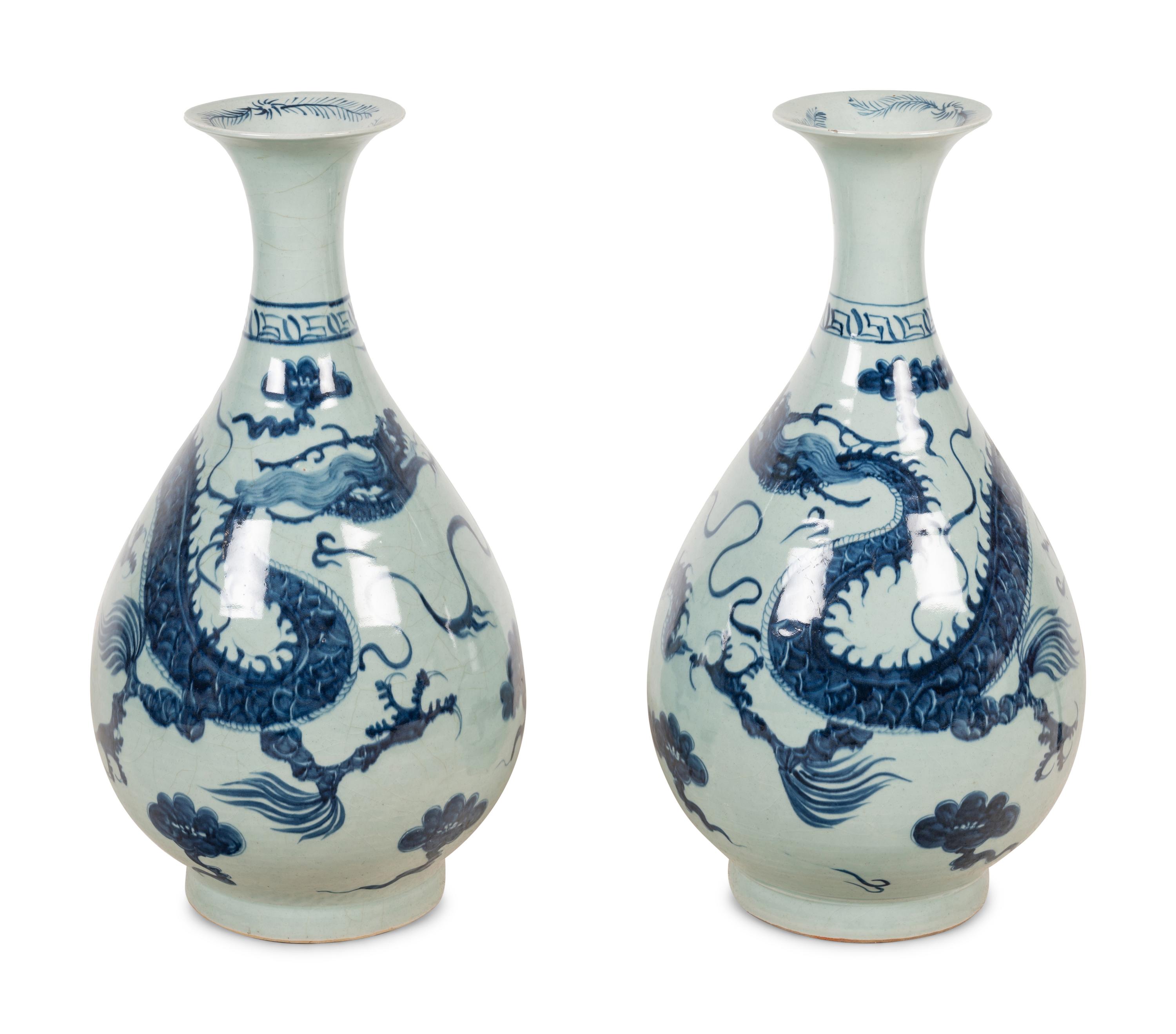 A Pair of Chinese Blue and White Porcelain Dragon Vases