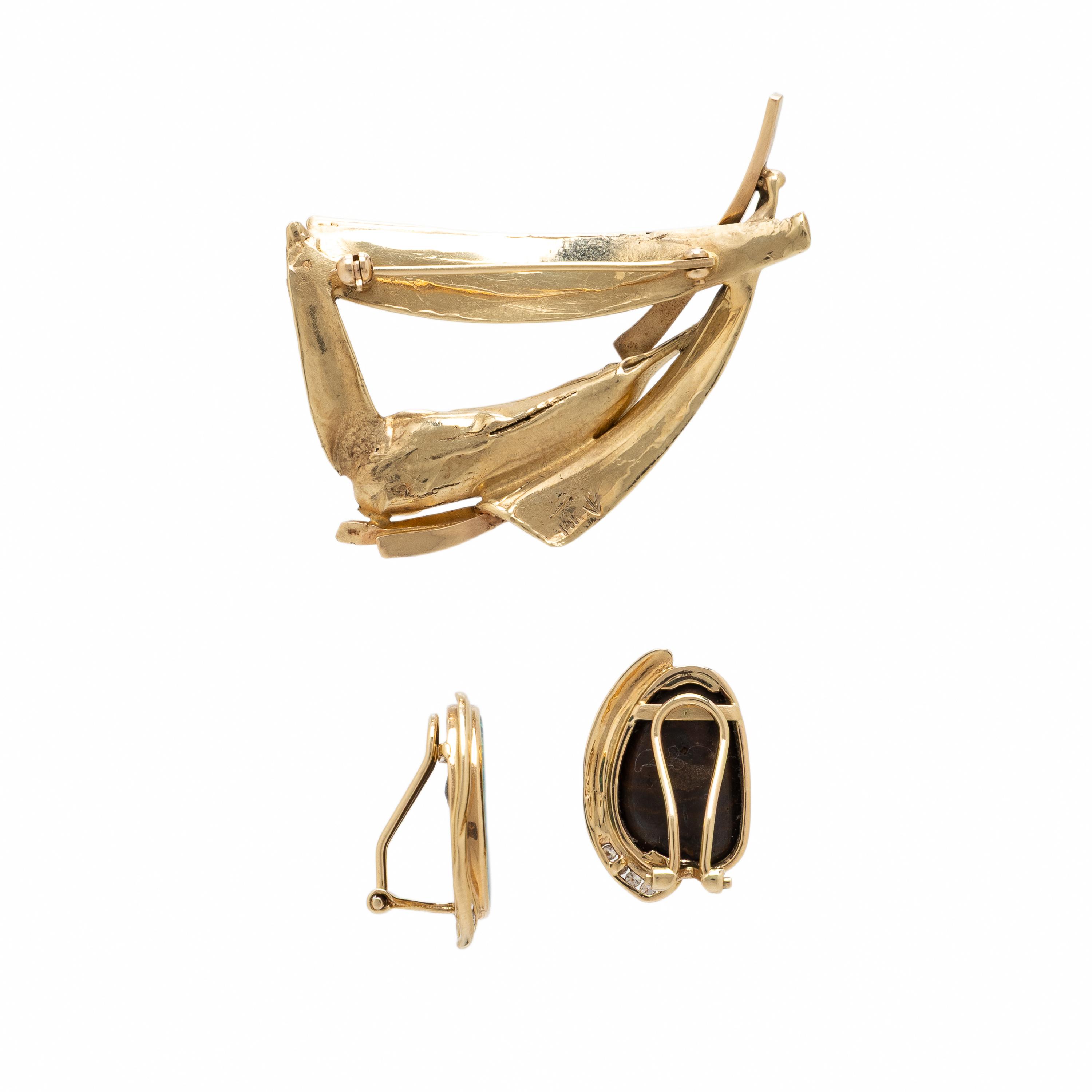 Yellow Gold, Opal, and Diamond Earrings and Brooch