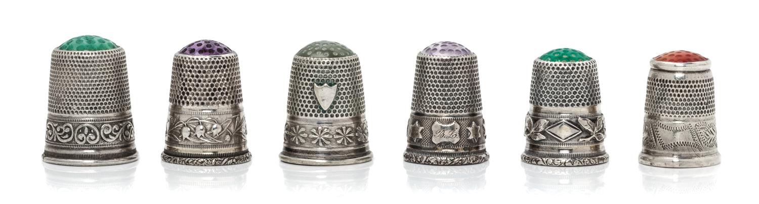 Six Silver and Hardstone Inset Thimbles, , comprising an example with an amethyst inset top above a band having a star motif; a green s