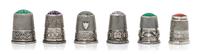 Six Silver and Hardstone Inset Thimbles, , comprising an example with an amethyst inset top above a band having a star motif; a green s