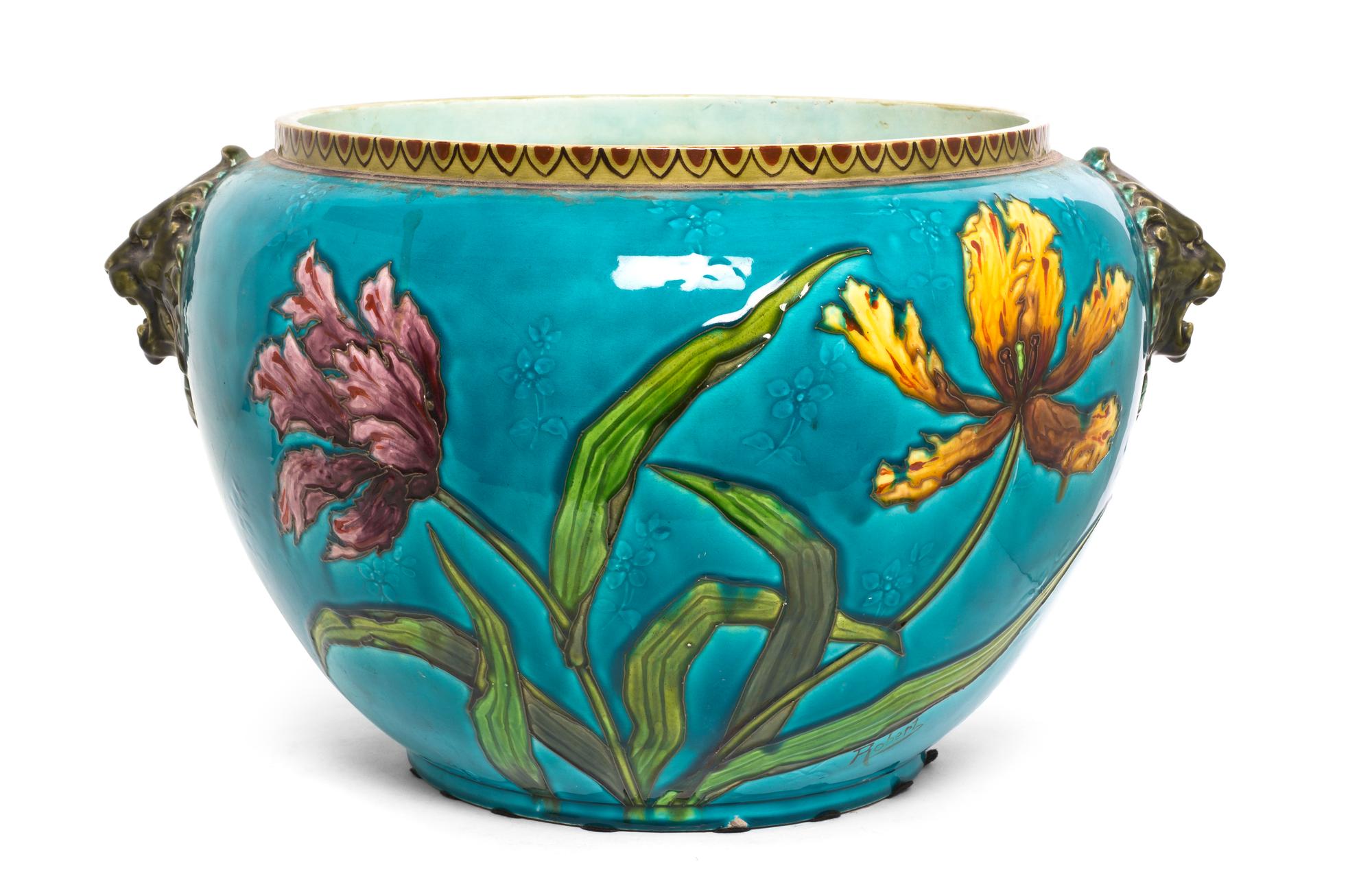 A Sevres Style Porcelain Jardiniere, Height 12 1/2 x diameter 20 inches.