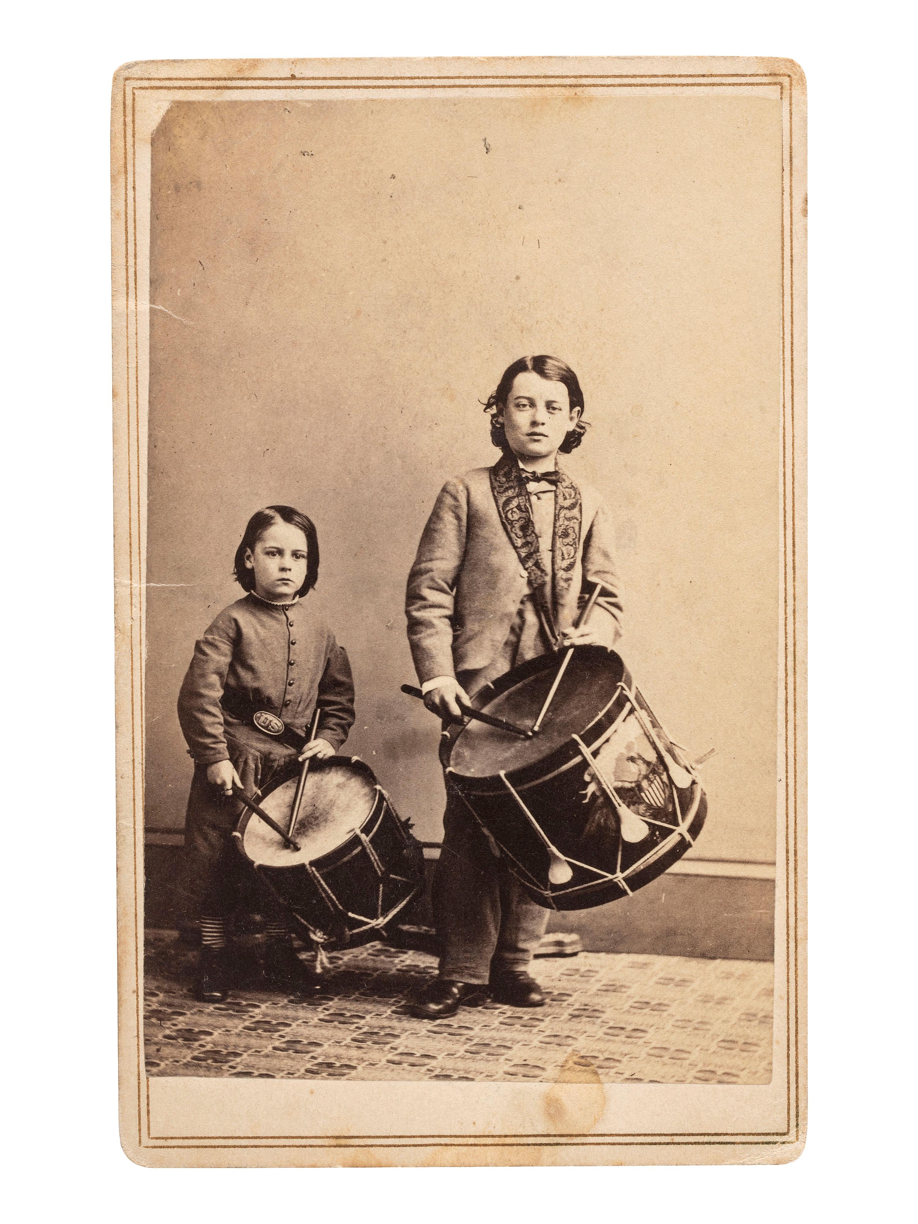 [CIVIL WAR]. MILLER & ROWELL, photographers. CDV of Union drummer boys, Charles & William Rebasz, 108th New York Volunteers. Boston, MA.