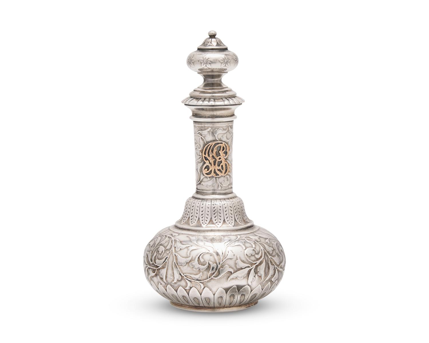 An Aesthetic Movement Sterling Silver Acid-Etched and Gilt-Overlay Stoppered Perfume Bottle