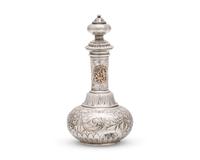 An Aesthetic Movement Sterling Silver Acid-Etched and Gilt-Overlay Stoppered Perfume Bottle