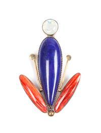 Mike Bird Romero (b. 1946) Silver, 18 Karat Yellow Gold and Multi-Gem Brooch Height 2 3/4 inches