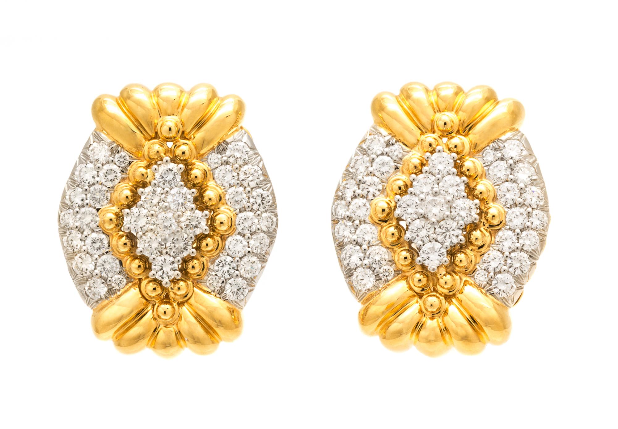 A Pair Of 18 Karat Yellow Gold, Platinum and Diamond Earclips, Chaavae, 19.30 dwts.