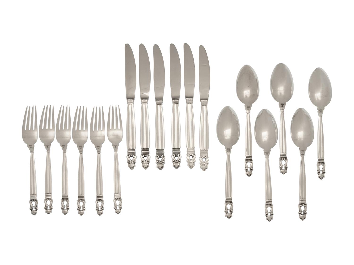 A Set of Eighteen Georg Jensen Acorn Silver Flatware Articles